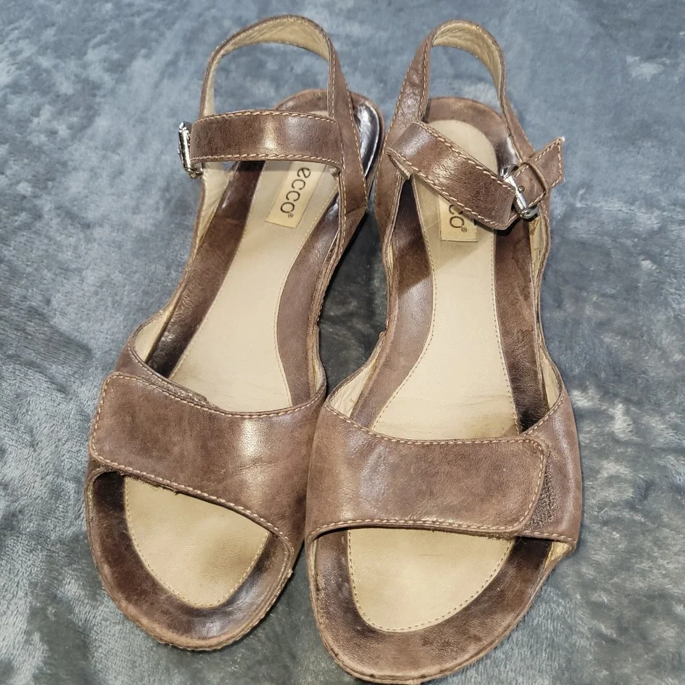 Ecco‎ Womens Brown Leather Wedge Sandals Slingback Buckle Ankle Strap Size 9